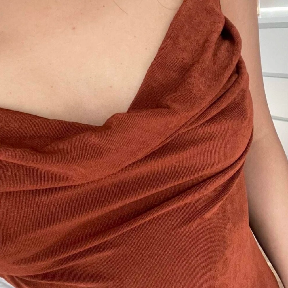 Backless Rust Brown Cowl Neck Long Slim Dress - Picture 11 of 13